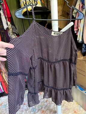 Envy Black and Red Polka Dot Cold Shoulder Blouse Size M